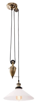 Image of Empire 1 Light Rise & Fall Dome Ceiling Pendant Antique Brass, Opal Glass, E27