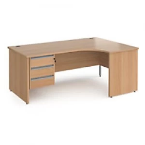 image of Dams International Right Hand Ergonomic Desk with 3 Lockable Drawers Pedestal and Beech Coloured MFC Top with Silver Panel Ends and Silver Frame Corne