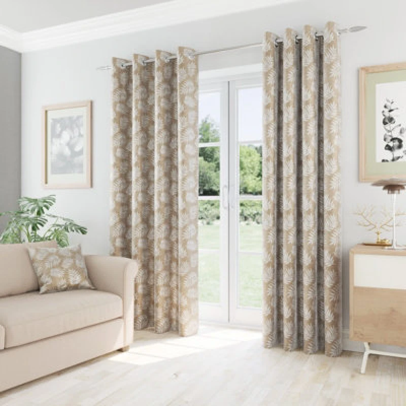 Image of Enhanced Living Oakland Natural Leaf Pattern, Thermal, Room Darkening Pair of Curtains with Eyelet Top Natural
