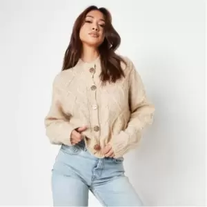 image of Missguided Petite High Neck Cable Knit Cropped Cardigan - Neutral