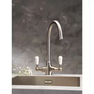 image of Reginox Brushed Nickel Twin Lever Swan Neck Traditional Kitchen Mixer Tap - Elbe