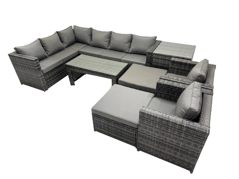 Image of Fimous 8 Pieces Garden Furniture Corner Sofa Set & Chair Big Stool Side Table in Dark Grey Dark Grey Unisex