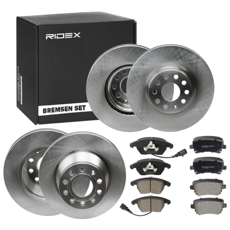Image of RIDEX 3405B0499 Brake disc and pads set without accessories, Rear Axle, Brake Disc Type: Solid, with integrated wear warning contact, with bolts/screw