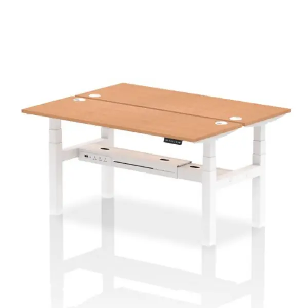 Image of Air Air Back-to-Back 1600 x 600mm Height Adjustable 2 Person Bench Desk Oak Top with Cable Ports White Frame HASCP2P16600OAKW