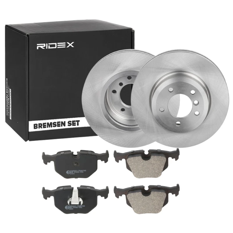 Image of RIDEX 3405B1329 Brake disc and pads set Rear Axle, Brake Disc Type: internally vented, prepared for wear warning indicator Brake Set,disc brakes (340