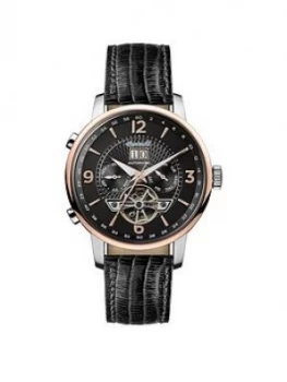 image of Ingersoll 1892 The Grafton Black and Rose Gold Chronograph Dial Black Leather Strap Automatic Mens Watch, One Colour, Men