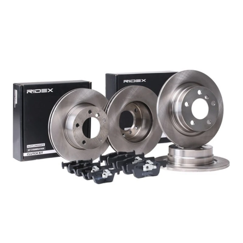Image of RIDEX 3405B1709 Brake disc and pads set Rear Axle, Brake Disc Type: Solid, prepared for wear warning indicator, with piston clip Brake Set,disc brake