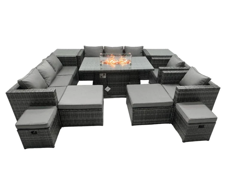 Image of Fimous Rattan Garden Furniture Firepit Dining Set 12 Seater Lounge Sofa Table Set with 2 side table 2 big Footstool Dark Grey