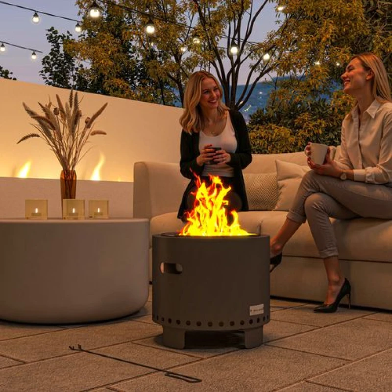 Image of Outsunny 45cm Smokeless Wood Burning Firepit Metal Fire Pit Dark Grey