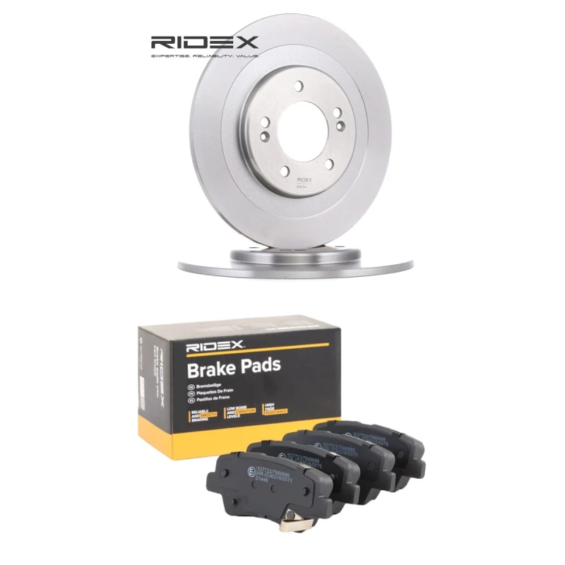 Image of RIDEX 3405B3339 Brake disc and pads set Rear Axle, Brake Disc Type: solid, with acoustic wear warning Brake Set,disc brakes (3405)