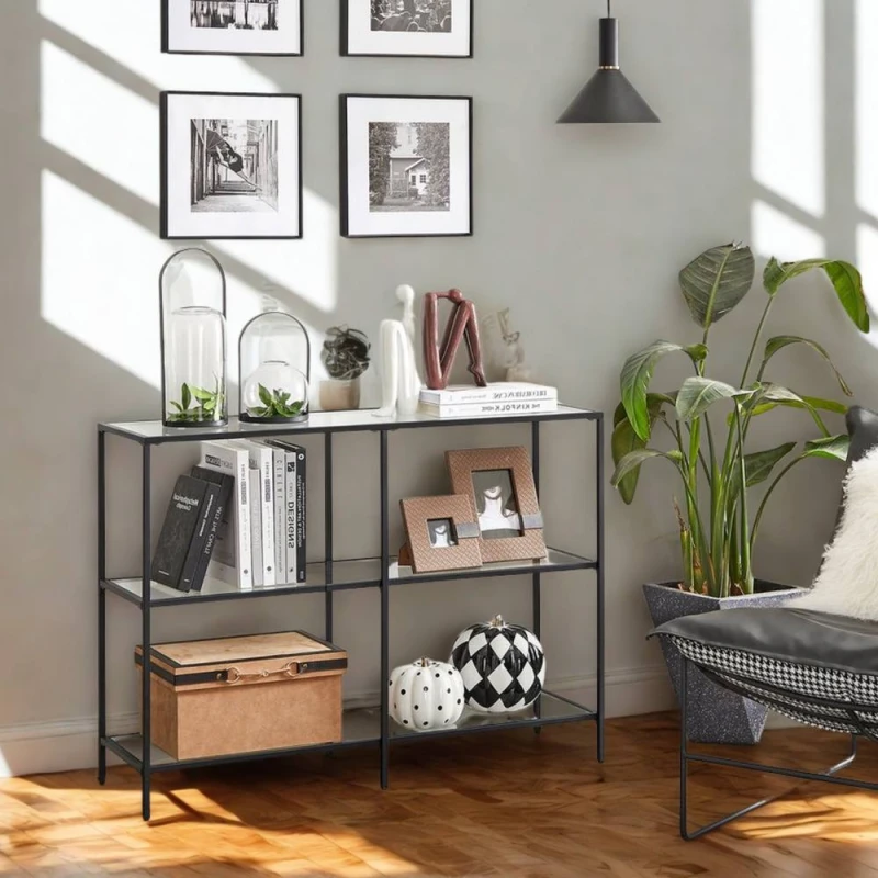 Image of Pirlo Plush 3 Tier Tempered Glass Console Table for Hallway Black Unisex