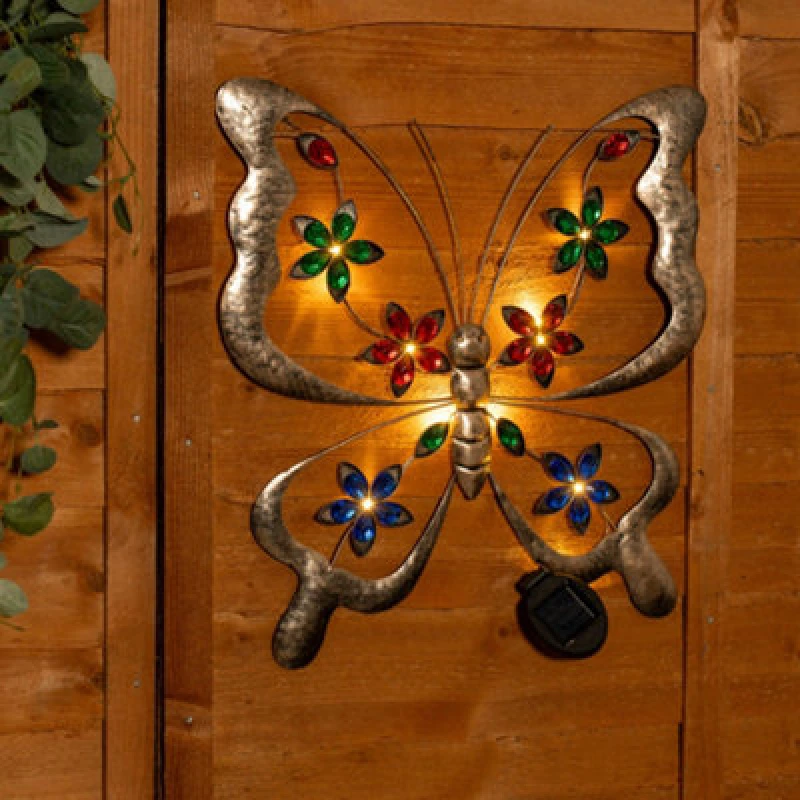 Image of ValueLights ValueLights Butterfly Solar Outdoor Multi Coloured Wall Art Garden Fence Ornament Light Multi One Size Unisex 5016529270980