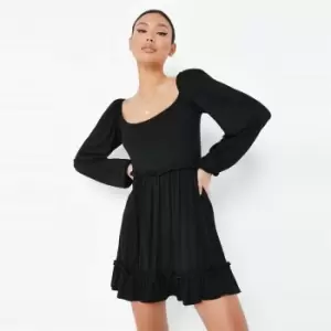 Missguided Shirred Tired Ls Skater Dress Jersey - Black