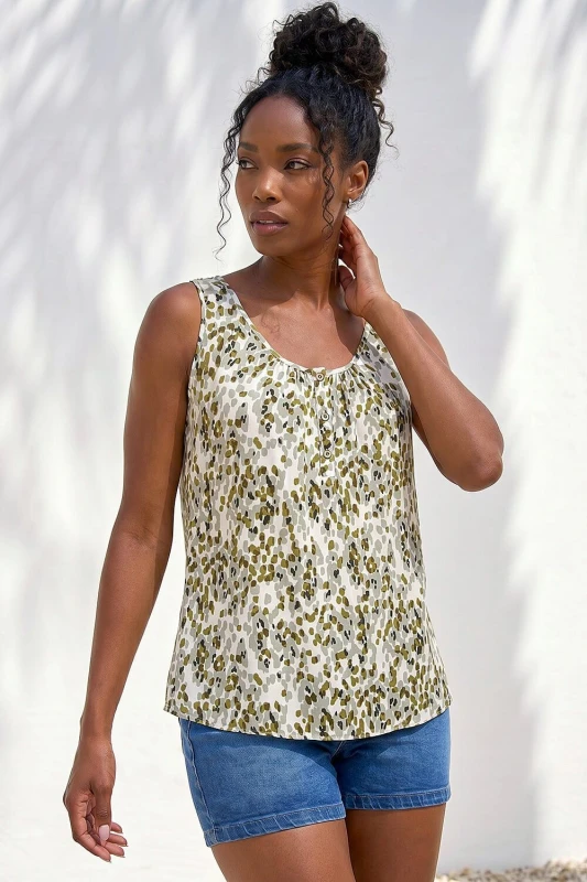 Image of Roman Womens Abstract Spot Print Button Vest in Khaki Size: 16 Khaki Female 16