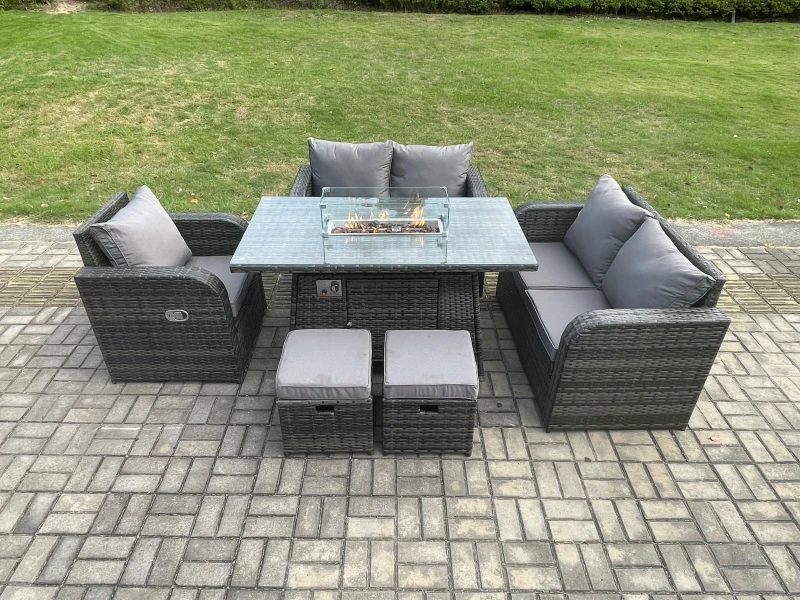 Image of Fimous Rattan Garden Furniture Set with Gas Fire Pit Dining Table,Reclining Chair 2 Small Footstools Indoor Outdoor 6 piece Loveseat Sofa set Dark Gre