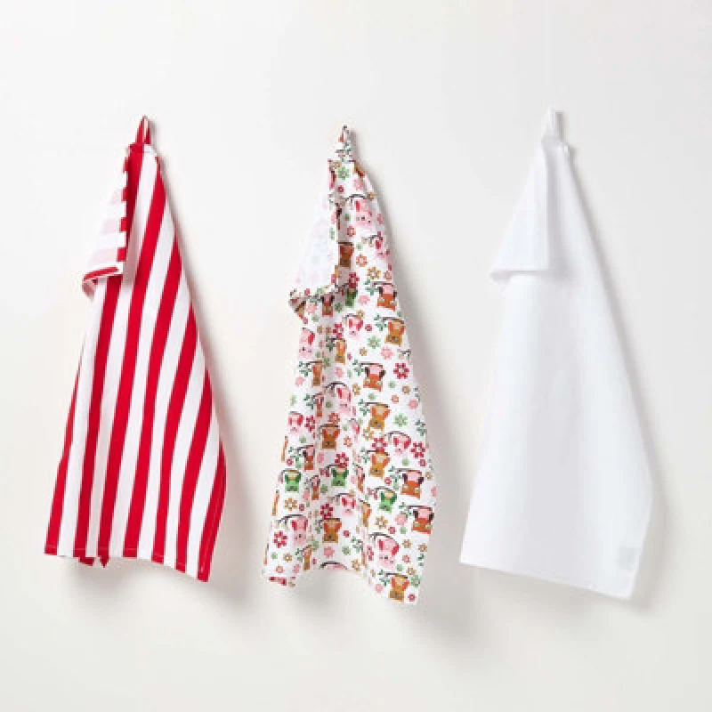Image of Homescapes Red Owls Cotton Tea Towels Set Of Three Red unisex