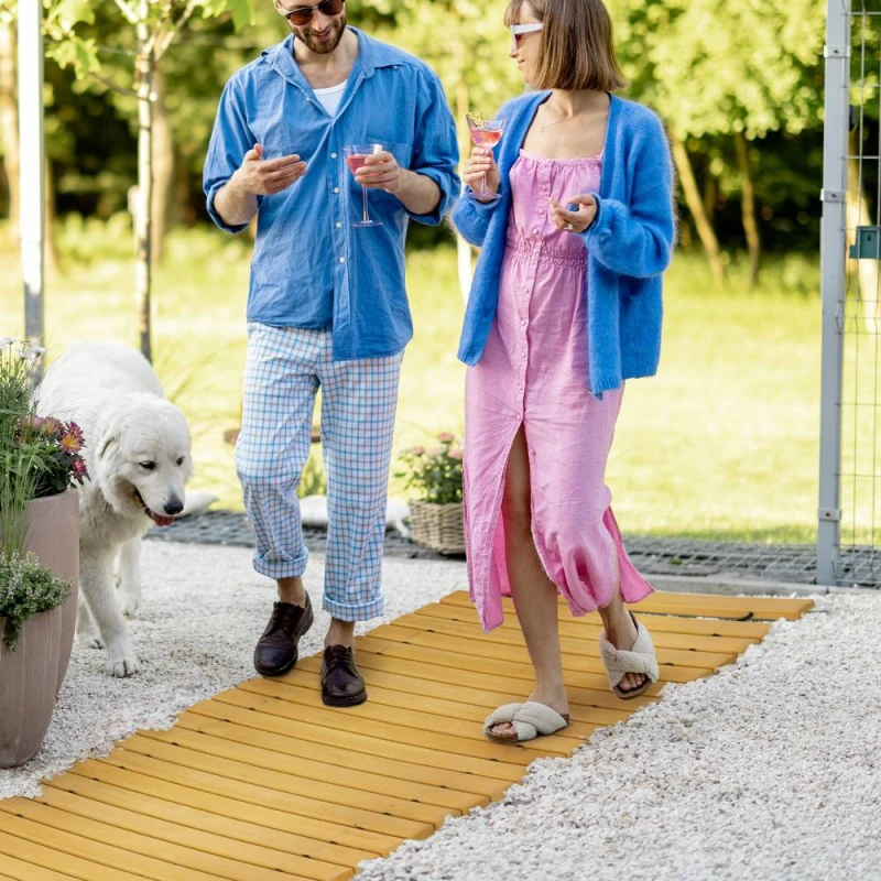 Image of OUTSUNNY Rollable Wooden Garden Pathway - Solid Pine Wood 185 x 60cm in Tan Size: 180cm x 60cm Tan Unisex 180cm x 60 cm