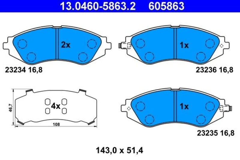 Image of ATE 13.0460-5863.2 Brake pad set with acoustic wear warning, with anti-squeak plate Brake Pad Set,disc brake (402)