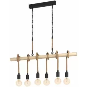 Image of Hanging Ceiling Pendant Light Black & Wood / Rope 6x E27 Kitchen Island Lamp