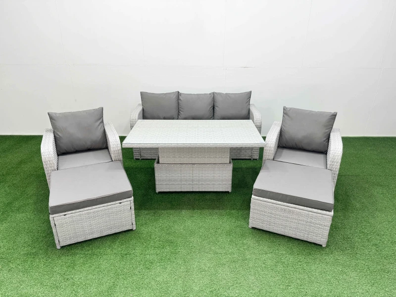 Image of Fimous PE Rattan Garden Furniture Set Reclining Chair Sofa Lounge Sofa Set Adjustable Lifting Dining or Coffee Table 2 Big Footstool Light Grey Light