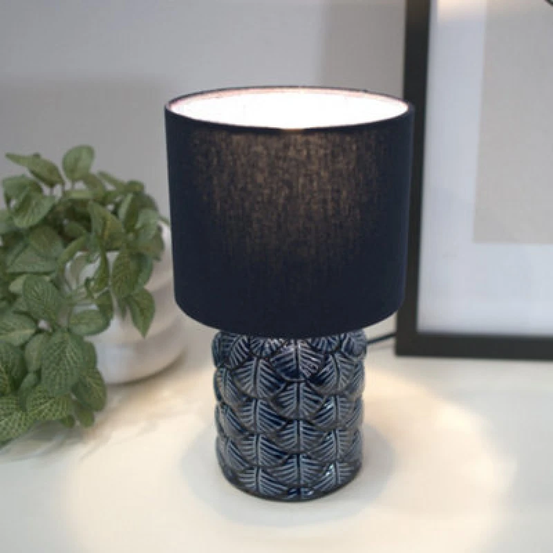 Image of ValueLights Priyah Navy Ceramic Scallop Table Lamp with Fabric Shade and LED Bulb Blue unisex