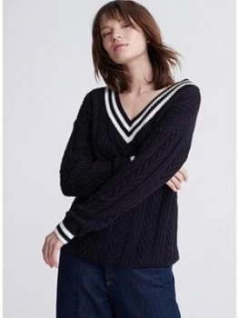 image of Superdry Edit V-Neck Preppy Knit Jumper - Black, Size 14, Women