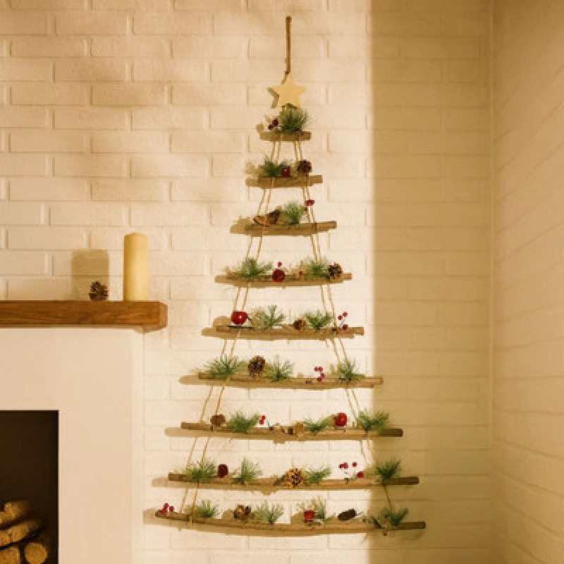 Image of Neo Wooden Hanging Wall Xmas Christmas Tree Ladder Decoration Rustic Nordic Hygge Style With Pine Cones Red Berries Jute Rope Wall