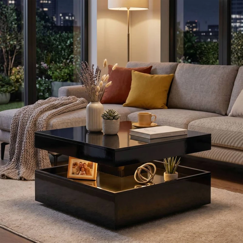 Image of HOMCOM LED Coffee Table with Storage, Modern Centre Table, High Gloss Black Unisex