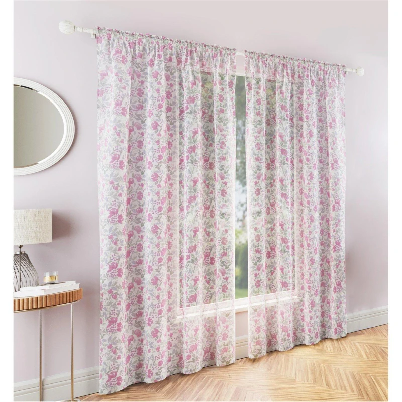 Image of Tyrone Textiles Mia Floral Print Sheer Voile Panels - Pair Curtain Voiles / Nets / Lining 140x229cm Pink 70520606004