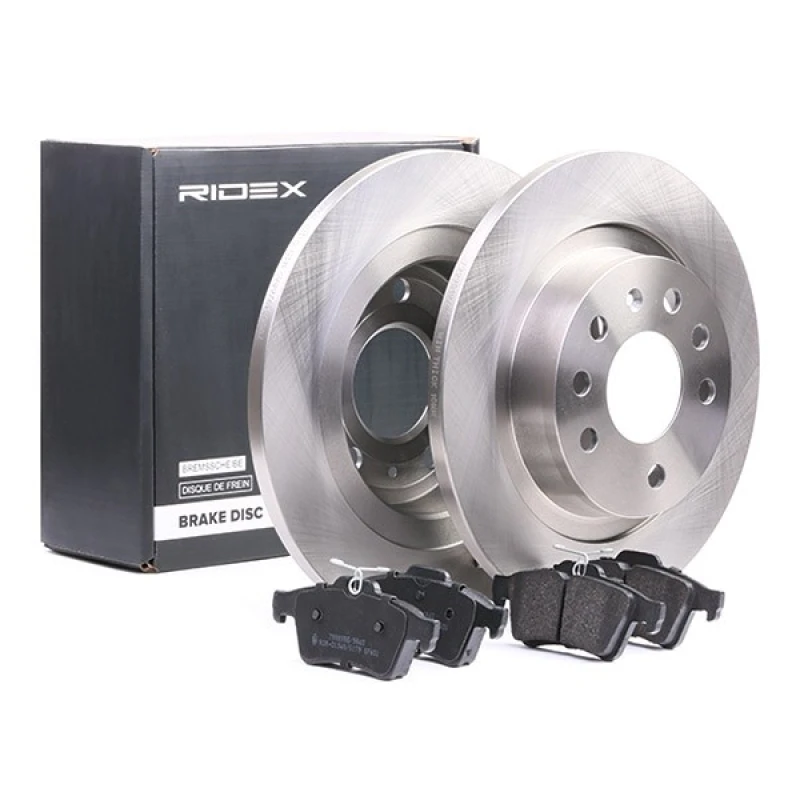 Image of RIDEX 3405B0216 Brake disc and pads set Rear Axle, Brake Disc Type: Solid, excl. wear warning contact, with anti-squeak plate Brake Set,disc brakes (