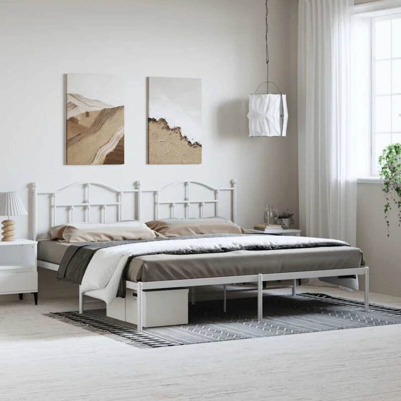 Image of Vidaxl Metal Bed Frame Without Mattress With Headboard White 193X203 Cm, White 353494