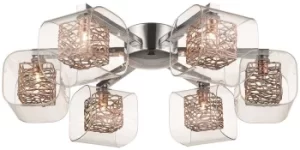 image of Spring 6 Light Flush Multi Arm Mesh Ceiling Light Chrome, Copper and Glass, G9