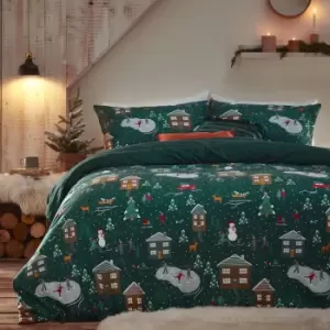Image of Winter Pines Pyjama Fleece Duvet Cover Set Pine Green, Pine Green / Double