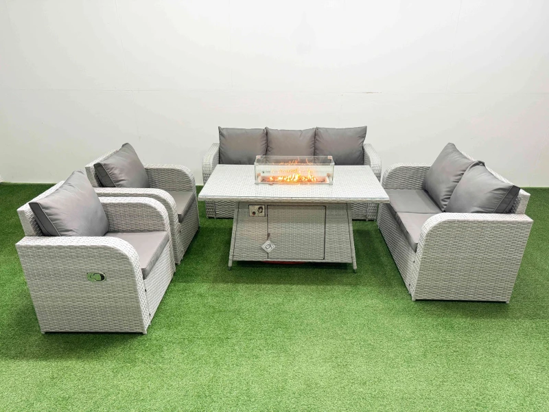 Image of Fimous PE Rattan Garden Furniture Set Reclining Chair Sofa Double Love Seat 2 Seater Sofa Lounge Set Firepit Dining Table Light Grey Light Grey