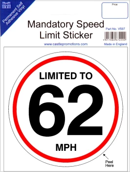 image of Speed Limit Sticker - 62mph- CASTLE PROMOTIONS- V597