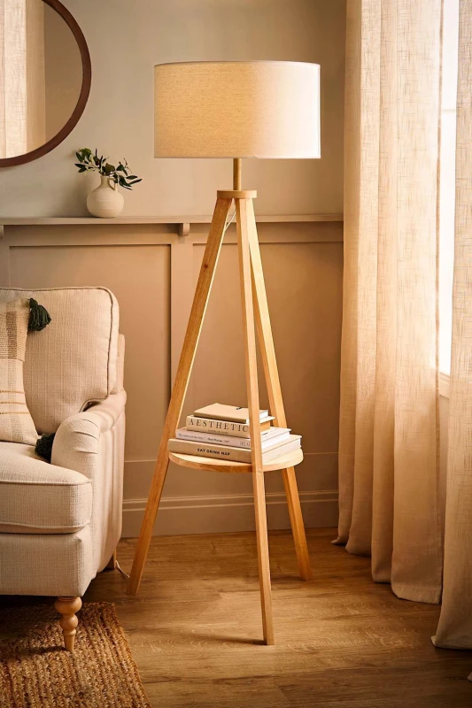 Image of ValueLights Morrigan Wooden Tripod Floor Lamp with Linen Trim Drum Lamp Shade White