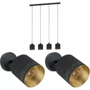 image of Quad Ceiling Light & 2x Matching Wall Lights Black & Gold Round Fabric Shade