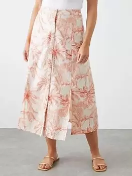 Image of Dorothy Perkins Palm Print Button Through Midi Skirt - Pink, Size 8, Women