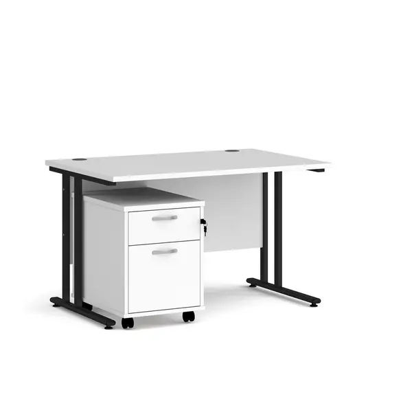 image of Maestro 25 Straight Desk with Black Cantilever Frame and 2 Drawer Pedestal - White - 1200mm x 800mm