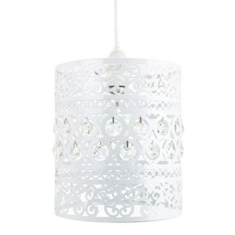 Image of Happy Homewares Traditional And Ornate White Easy Fit Pendant Shade With Clear Acrylic Droplets
