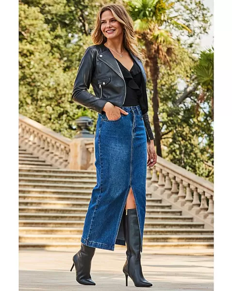 image of Sosandar Longline Denim Midi Skirt