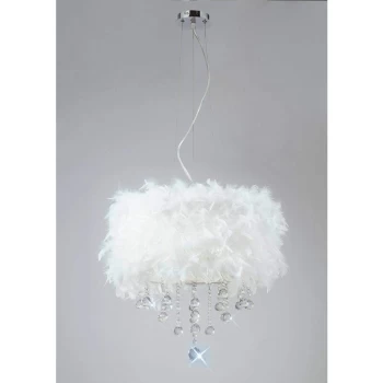 image of Ibis pendant light with white feather shade 3 polished chrome / crystal bulbs