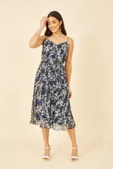 image of Navy Floral Strappy Pleated Midi Dress