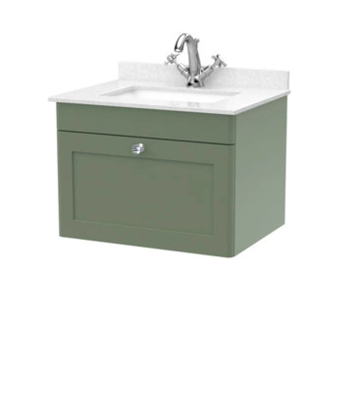 Image of nuie 600mm Wall Hung 1 Drawer Vanity & Marble Top 1TH - Satin Green CLC894WS1