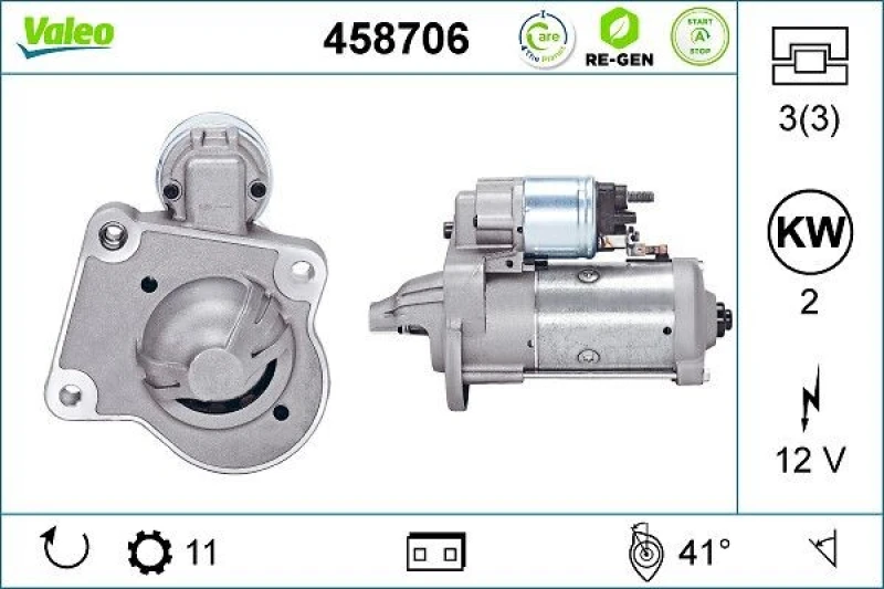 Image of VALEO 458706 Starter motor VALEO RE-GEN REMANUFACTURED STOP&START 2kW, 12V, Number of Teeth: 11 Starter (2)