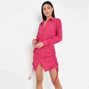 Missguided Long Sleeve Ruched Side Shirt Dress - Pink