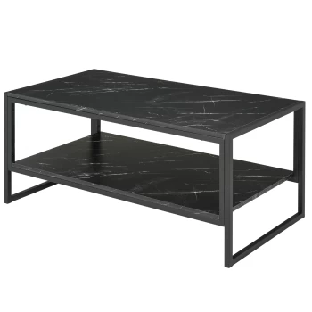 image of HOMCOM Two-Tier Laminate Marble Print Table Top Coffee Table w/ Metal Frame Foot Pads Elegant Modern Style 2 Shelves Home Display Storage Unit Living