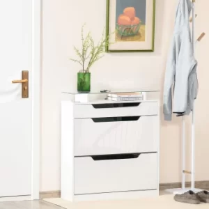 Image of HOMCOM Shoe Cabinet with 3 Drawers Storage Cupboard Tipping Bucket with Flip Door Glass Top Adjustable Shelf Large-Capacity for 14 Pairs Gloss White