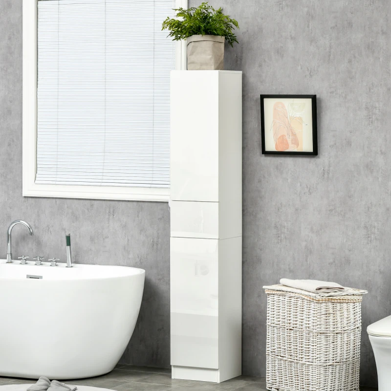 Image of KLEANKIN High Gloss Tall Bathroom Cabinet with Adjustable Shelves White - Kleankin 5056602903725
