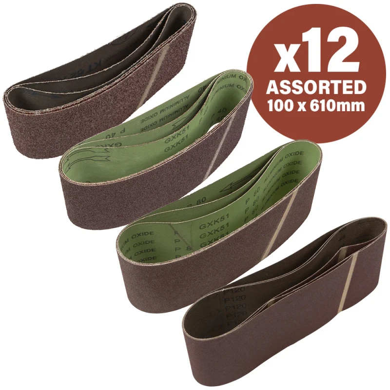 Image of Sirius 12 Piece Assorted 100mm x 610mm Sanding Belts SRSKIT25 Width x Length: 100mm x 610mm